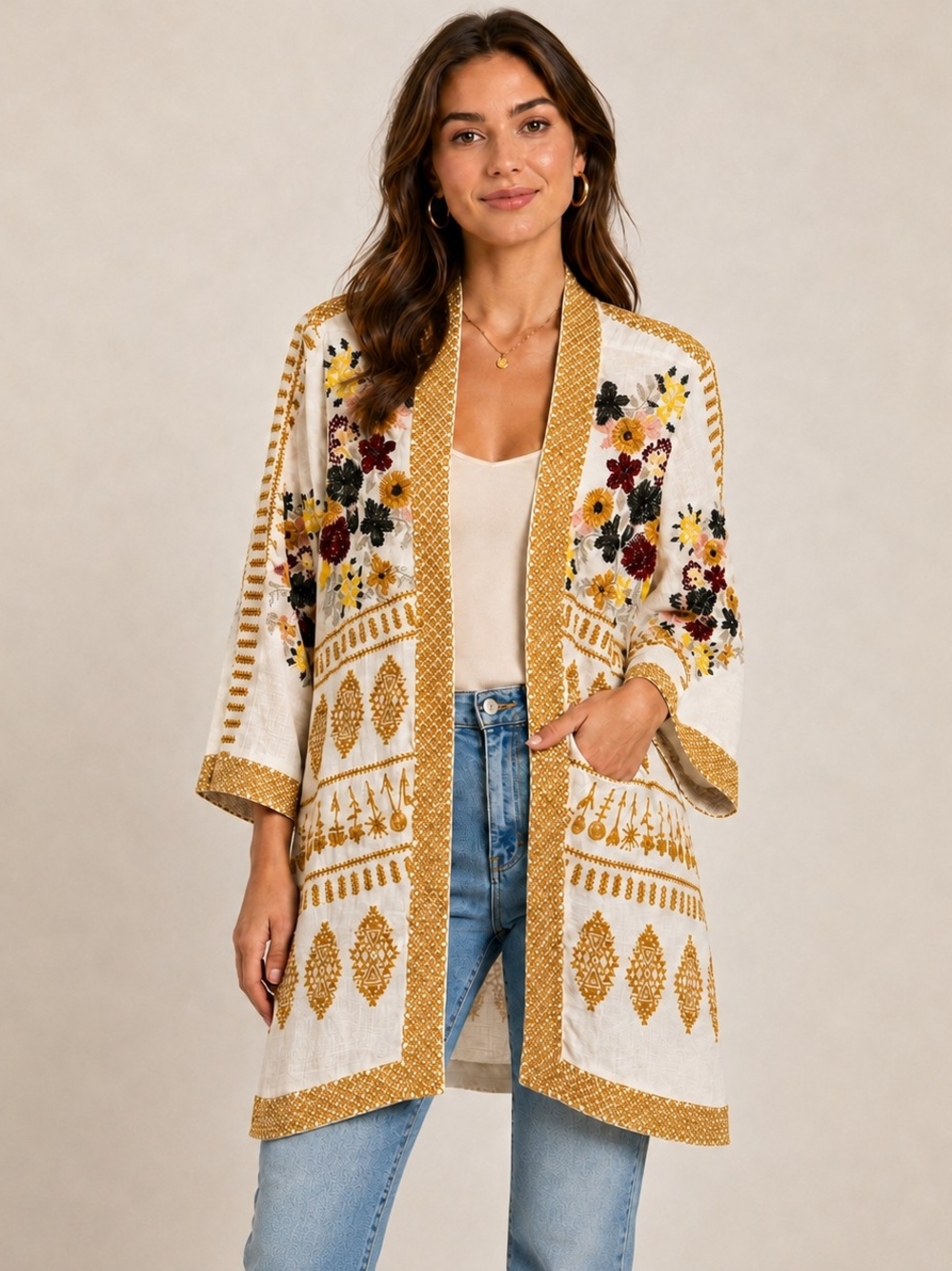 Tolani Cream Open-Front Embroidered Kimono with Gold Trim and Multicolor Florals